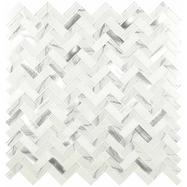 Bytle Bianco Herringbone SAMPLE Textured Multi-Surface Mesh-Mounted Mosaic Tile